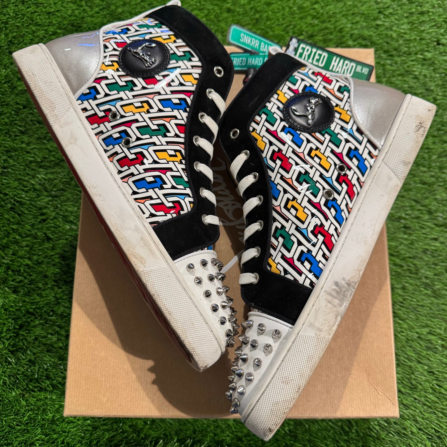 Christian Louboutin Lou Spikes Orlato Flat High 'Logo Print - Multi Silver'