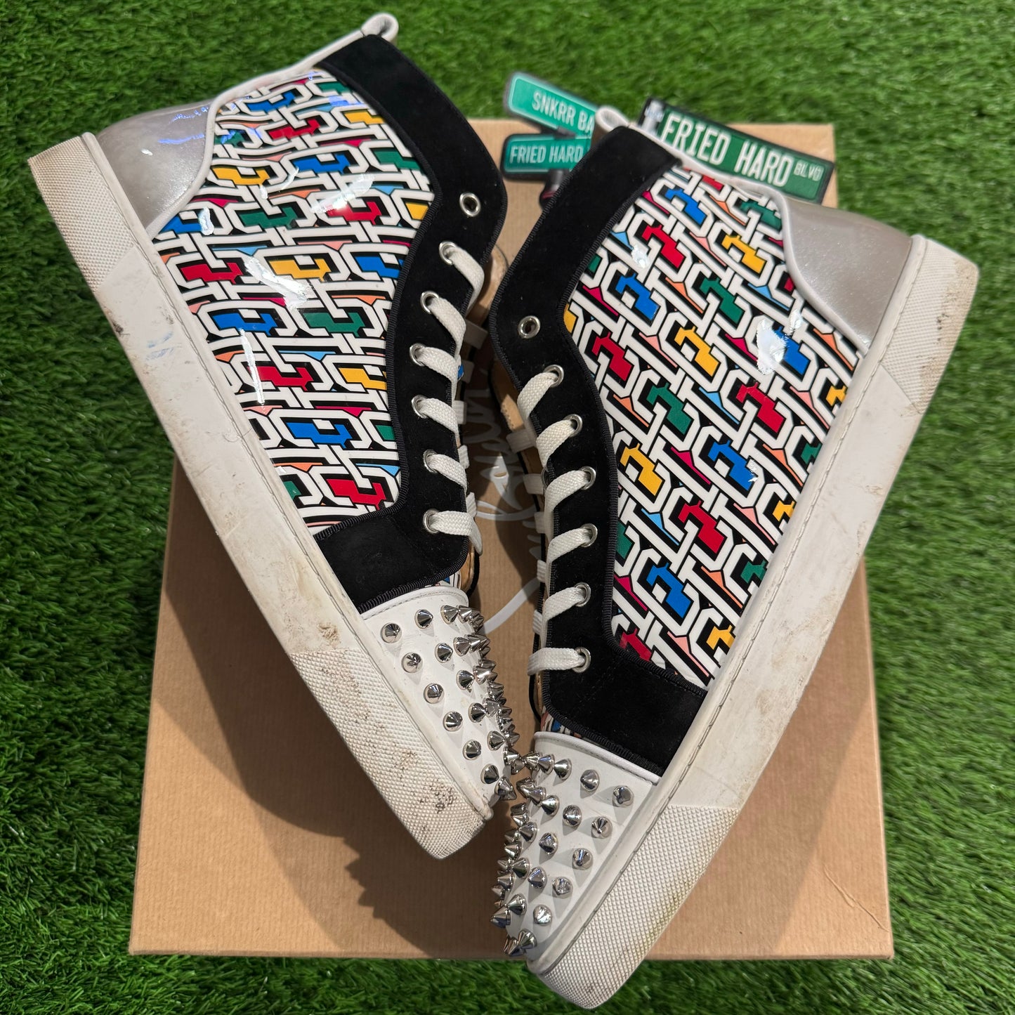Christian Louboutin Lou Spikes Orlato Flat High 'Logo Print - Multi Silver'