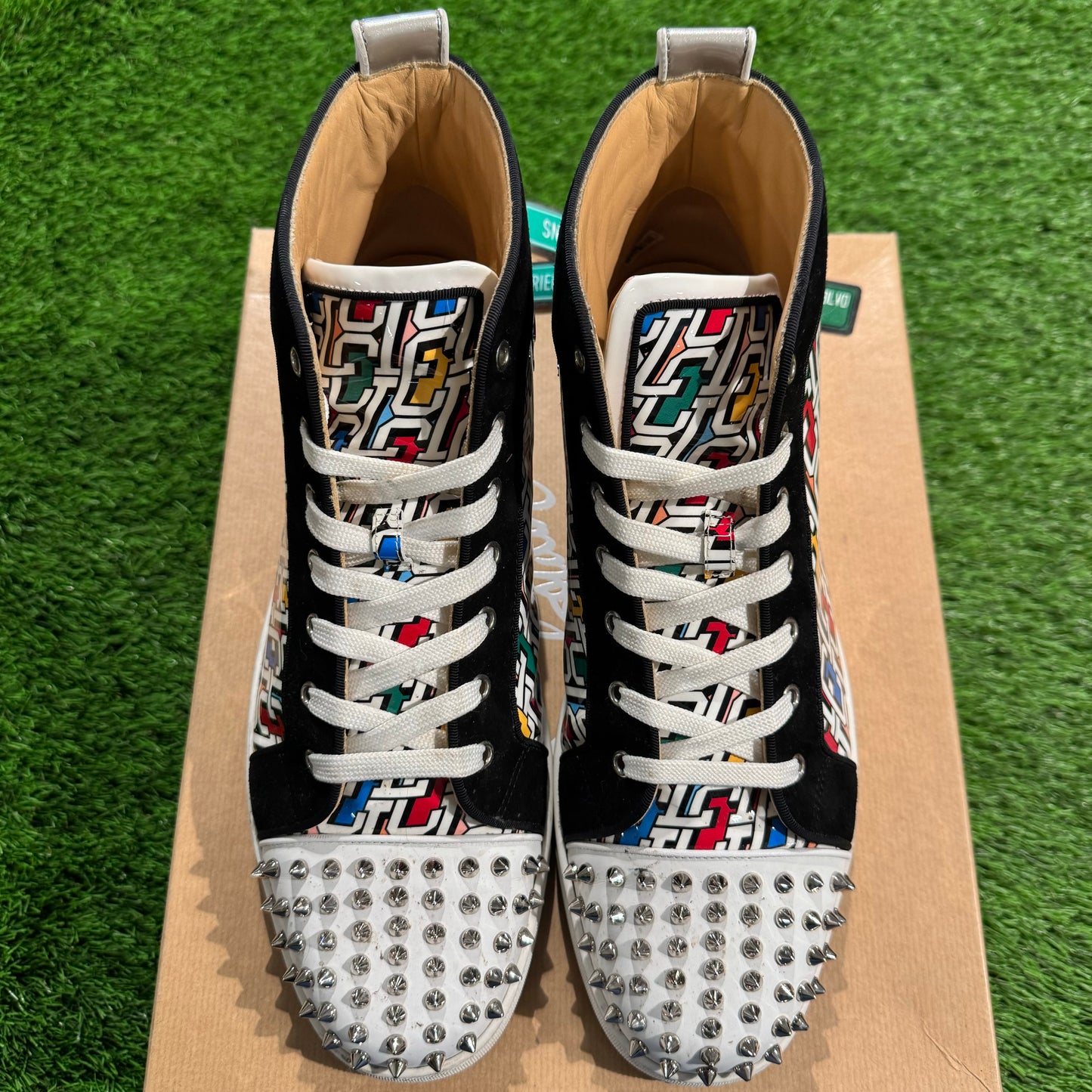 Christian Louboutin Lou Spikes Orlato Flat High 'Logo Print - Multi Silver'