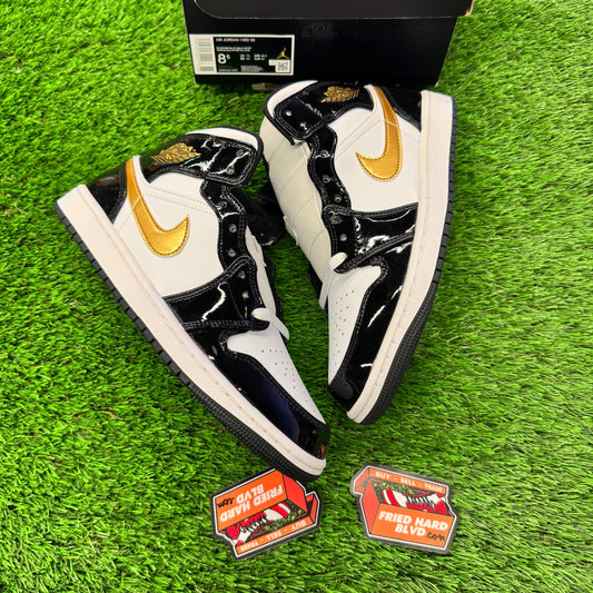 Jordan 1 Mid Patent Black White Gold 8.5M/10W